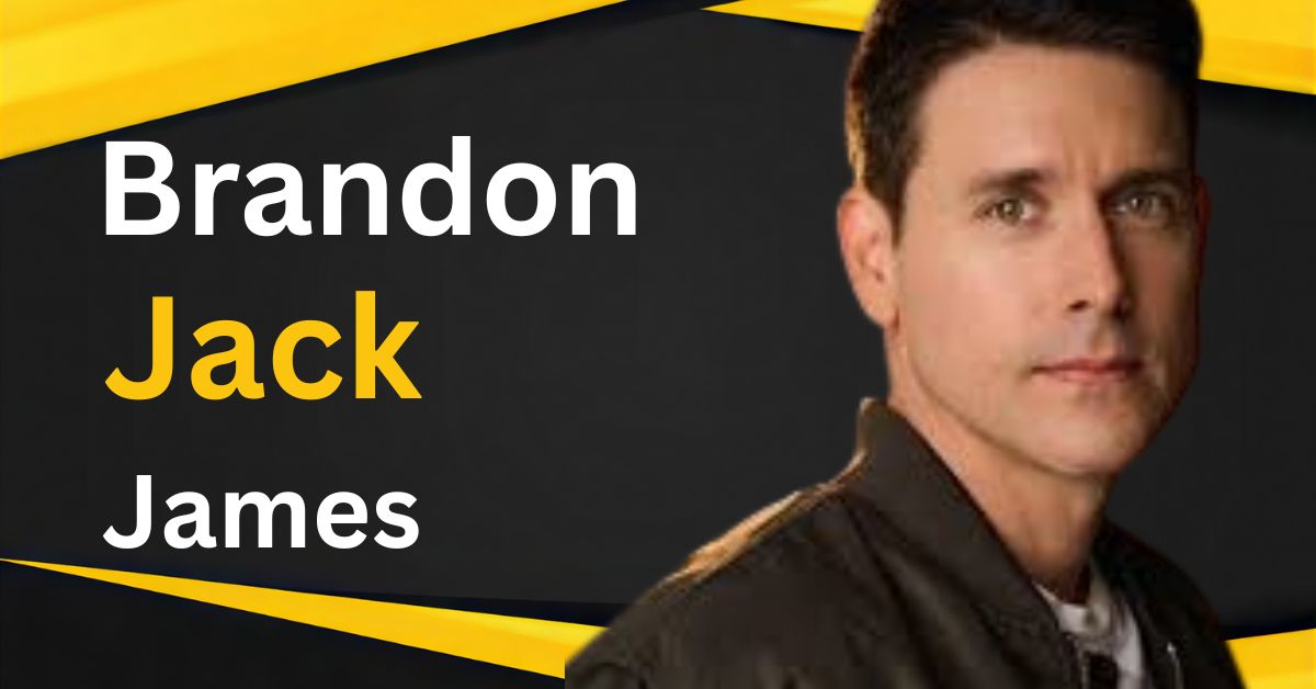 A professional portrait of Brandon Jack James wearing a dark jacket, with a black and yellow background and his name written in bold white and yellow text.