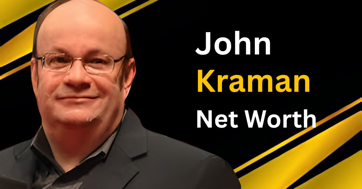 A close-up image of a balding man wearing glasses and a suit, with text overlaying the image that reads "John Kraman Net Worth."