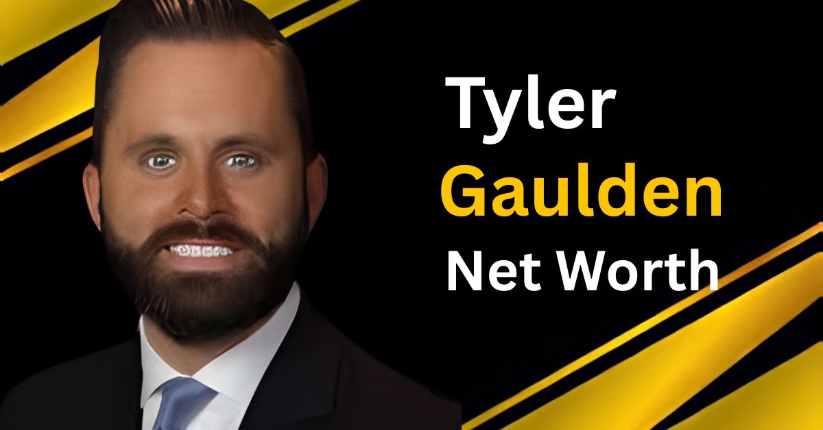 Headshot of Tyler Gaulden, a bearded man in a suit and tie, next to the text "Tyler Gaulden Net Worth" on a black and gold background.