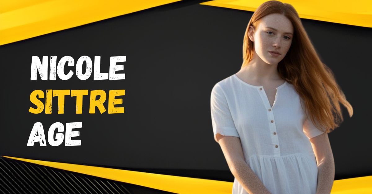 Nicole Sittre Age - Portrait of woman in white dress showcasing timeless beauty and grace on modern yellow and black banner design