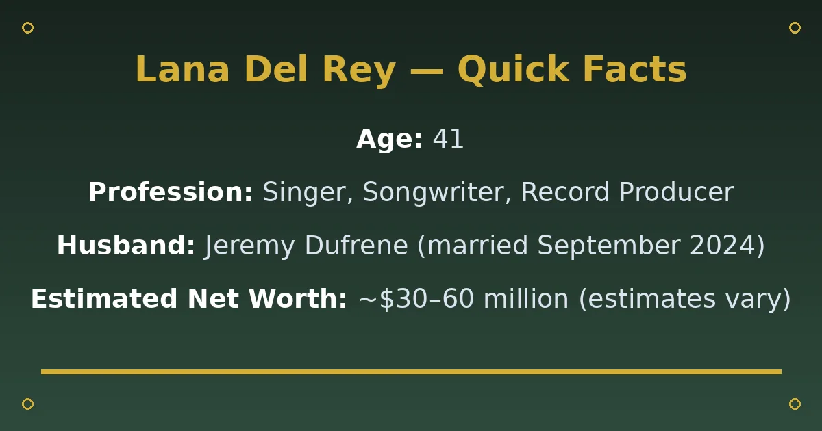 Lana Del Rey Biography: Age, Husband, Net Worth & Music Career 2 Lana Del Rey Biography: Age, Husband, Net Worth & Music Career quick facts