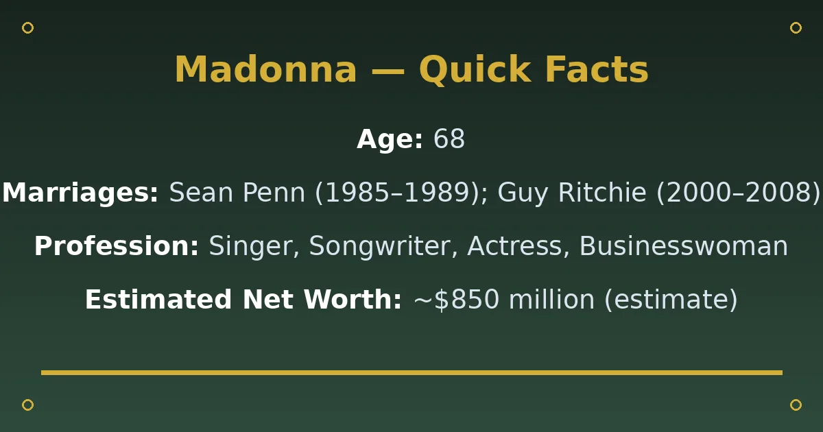 Madonna Biography: Age, Net Worth, Marriages & Career 2 Madonna Biography: Age, Net Worth, Marriages & Career quick facts