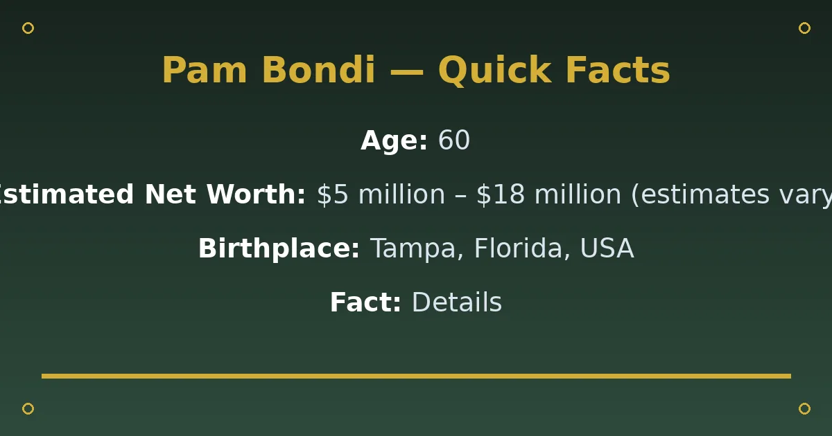 Pam Bondi Biography: Age, Husband, Net Worth & Career 2 Pam Bondi Biography: Age, Husband, Net Worth & Career quick facts