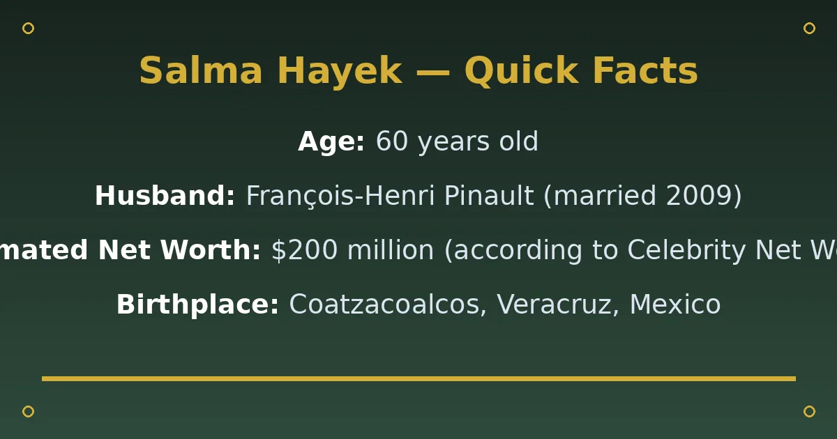 Salma Hayek Biography: Age, Husband, Net Worth & Career 2 Salma Hayek Biography: Age, Husband, Net Worth & Career quick facts