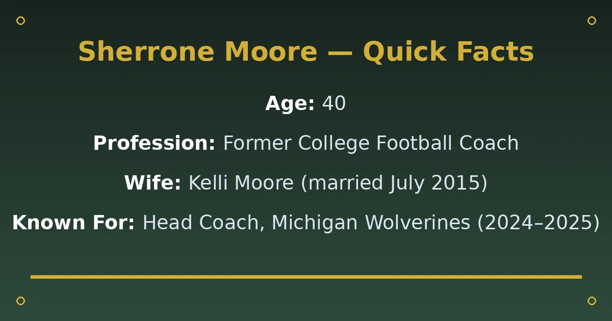Sherrone Moore Biography: Age, Wife, Net Worth & Coaching Career 2 Sherrone Moore Biography: Age, Wife, Net Worth & Coaching Career quick facts