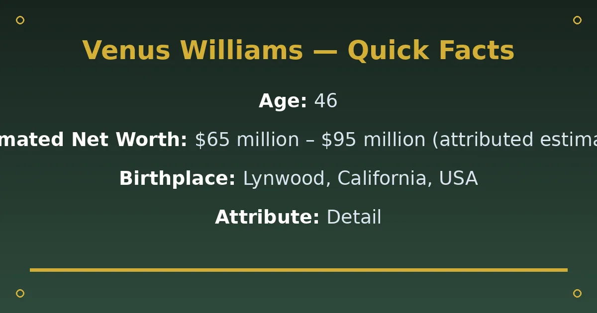 Venus Williams Biography: Age, Husband, Net Worth & Career 2 Venus Williams Biography: Age, Husband, Net Worth & Career quick facts